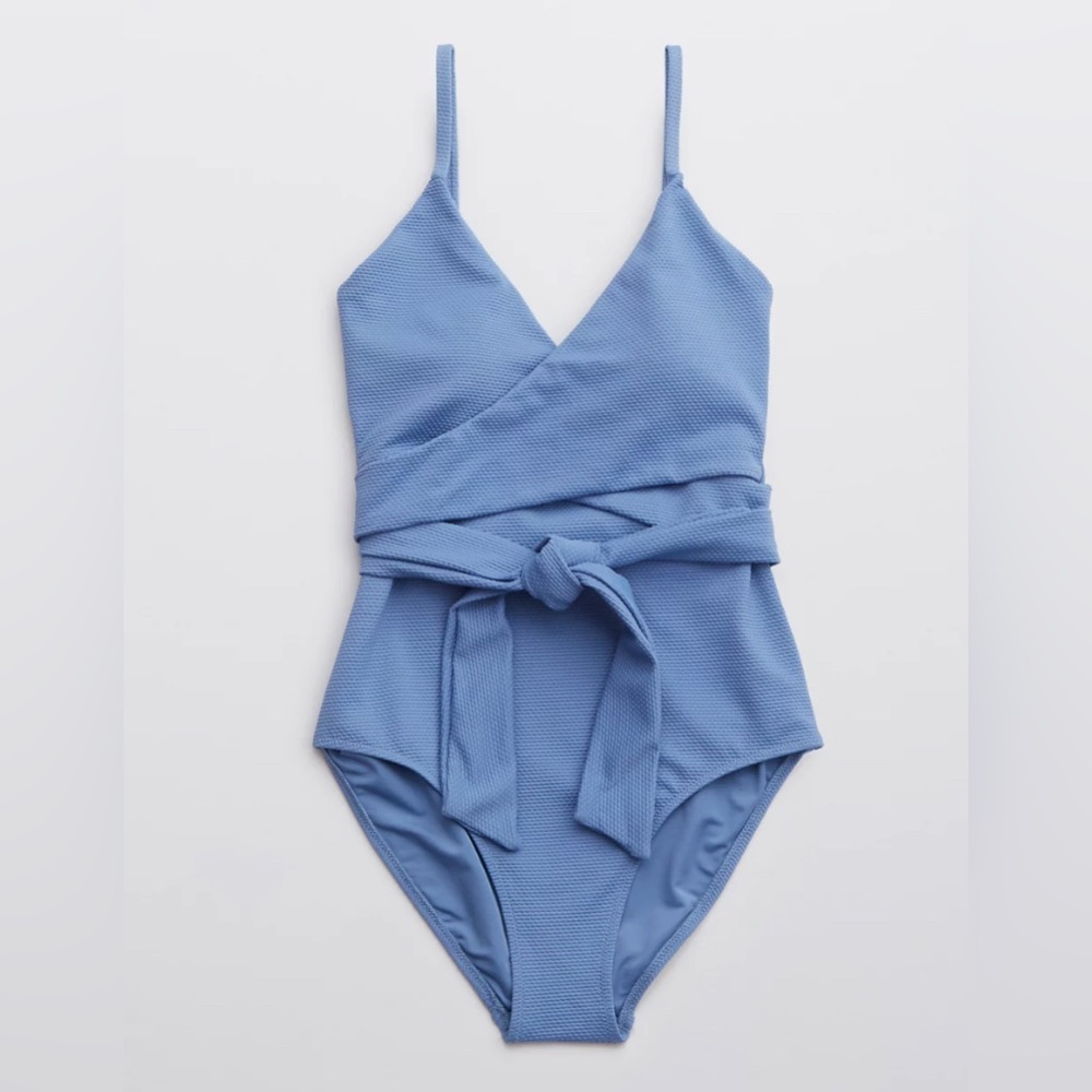 Aerie Pique Wrap One Piece Swimsuit in Coast Blue